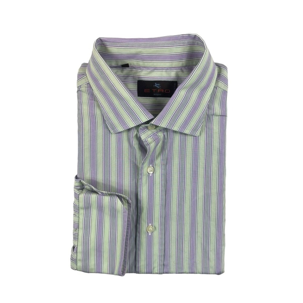 Etro Milano Green Purple Striped Cotton Mens Button Front Shirt Size 45